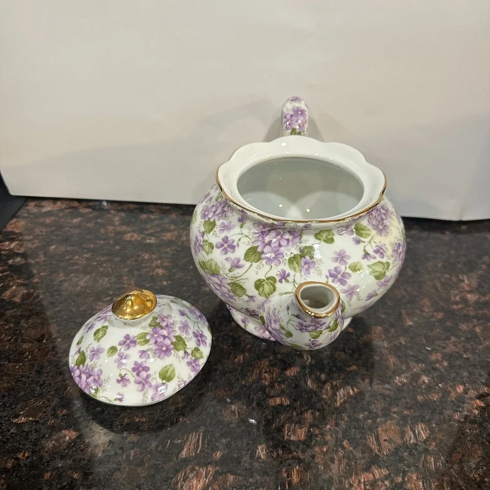Victorias Garden Purple Violets Floral Porcelain Teapot Gold Trim China Glossy